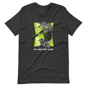 Gaming Shirt - You Have Been Slain - Female Assassin With Swords - Neon Green - Dark Grey Heather - Dubsnatch