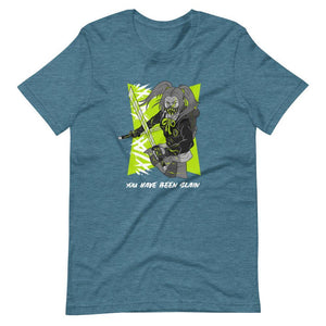 Gaming Shirt - You Have Been Slain - Female Assassin With Swords - Neon Green - Heather Deep Teal - Dubsnatch