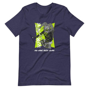 Gaming Shirt - You Have Been Slain - Female Assassin With Swords - Neon Green - Heather Midnight Navy - Dubsnatch