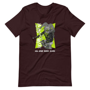 Gaming Shirt - You Have Been Slain - Female Assassin With Swords - Neon Green - Oxblood Black - Dubsnatch