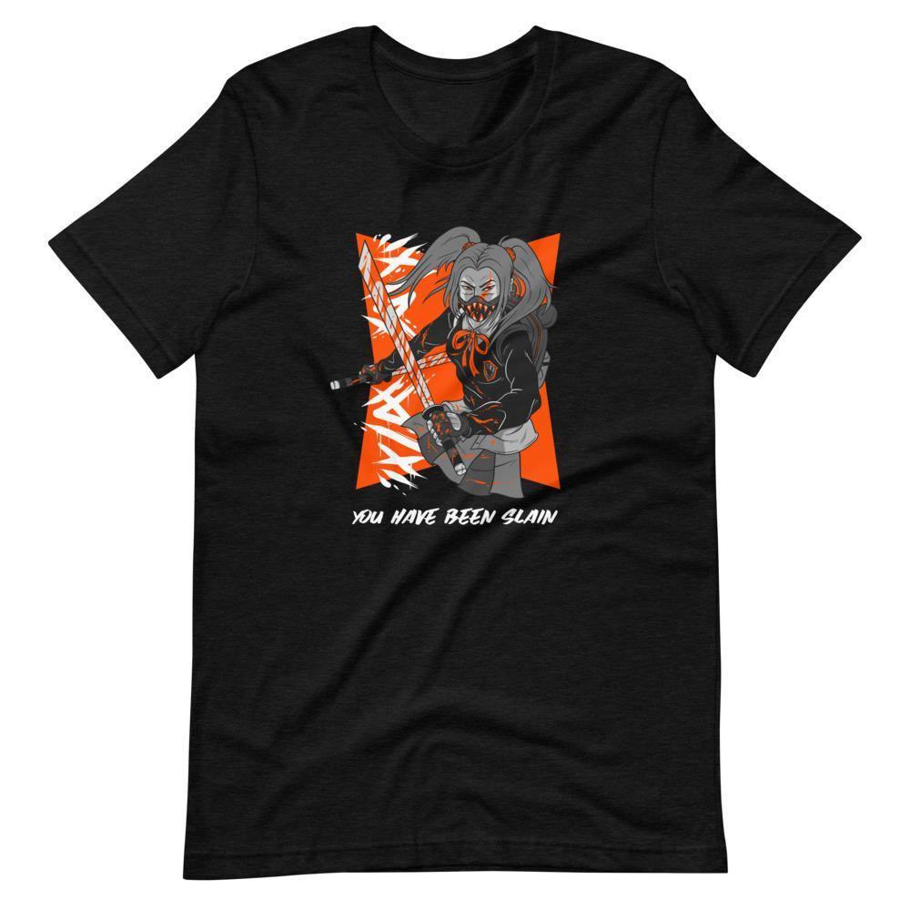 Gaming Shirt - You Have Been Slain - Female Assassin With Swords - Orange - Black Heather - Dubsnatch