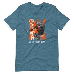 Gaming Shirt - You Have Been Slain - Female Assassin With Swords - Orange - Heather Deep Teal - Dubsnatch
