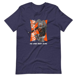 Gaming Shirt - You Have Been Slain - Female Assassin With Swords - Orange - Heather Midnight Navy  - Dubsnatch
