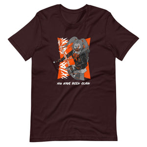 Gaming Shirt - You Have Been Slain - Female Assassin With Swords - Orange - Oxblood Black - Dubsnatch