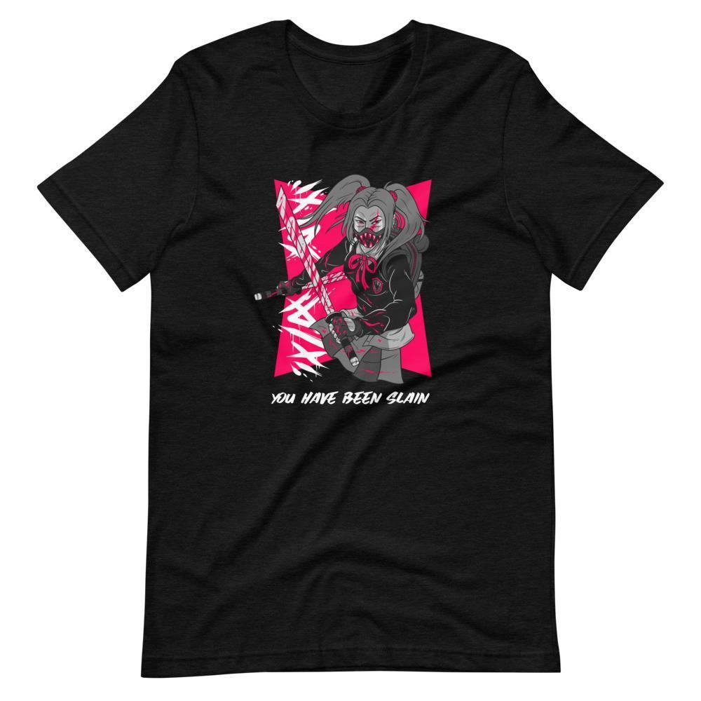 Gaming Shirt - You Have Been Slain - Female Assassin With Swords - Pink - Black Heather - Dubsnatch