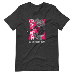 Gaming Shirt - You Have Been Slain - Female Assassin With Swords - Pink - Dark Grey Heather - Dubsnatch