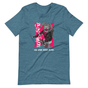 Gaming Shirt - You Have Been Slain - Female Assassin With Swords - Pink - Heather Deep Teal - Dubsnatch
