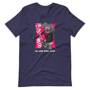 Gaming Shirt - You Have Been Slain - Female Assassin With Swords - Pink - Heather Midnight Navy - Dubsnatch