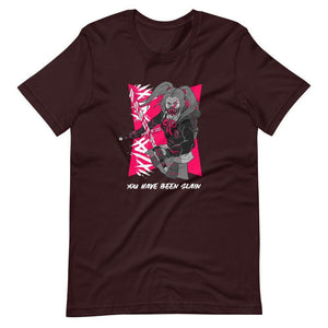 Gaming Shirt - You Have Been Slain - Female Assassin With Swords - Pink - Oxblood Black - Dubsnatch