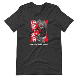 Gaming Shirt - You Have Been Slain - Female Assassin With Swords - Red - Dark Grey Heather - Dubsnatch