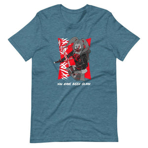 Gaming Shirt - You Have Been Slain - Female Assassin With Swords - Red - Heather Deep Teal - Dubsnatch