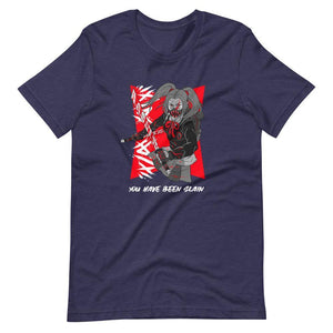 Gaming Shirt - You Have Been Slain - Female Assassin With Swords - Red - Heather Midnight Navy - Dubsnatch