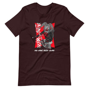 Gaming Shirt - You Have Been Slain - Female Assassin With Swords - Red - Oxblood Black - Dubsnatch