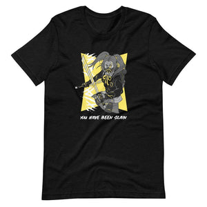 Gaming Shirt - You Have Been Slain - Female Assassin With Swords - Yellow - Black Heather - Dubsnatch