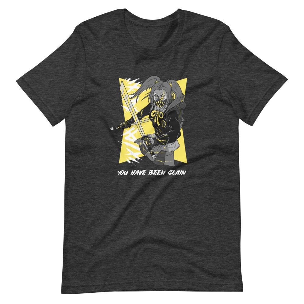 Gaming Shirt - You Have Been Slain - Female Assassin With Swords - Yellow - Dark Grey Heather - Dubsnatch