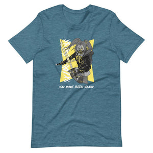 Gaming Shirt - You Have Been Slain - Female Assassin With Swords - Yellow - Heather Deep Teal - Dubsnatch