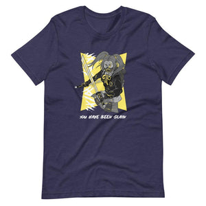 Gaming Shirt - You Have Been Slain - Female Assassin With Swords - Yellow - Heather Midnight Navy - Dubsnatch