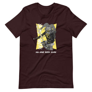 Gaming Shirt - You Have Been Slain - Female Assassin With Swords - Yellow - Oxblood Black - Dubsnatch