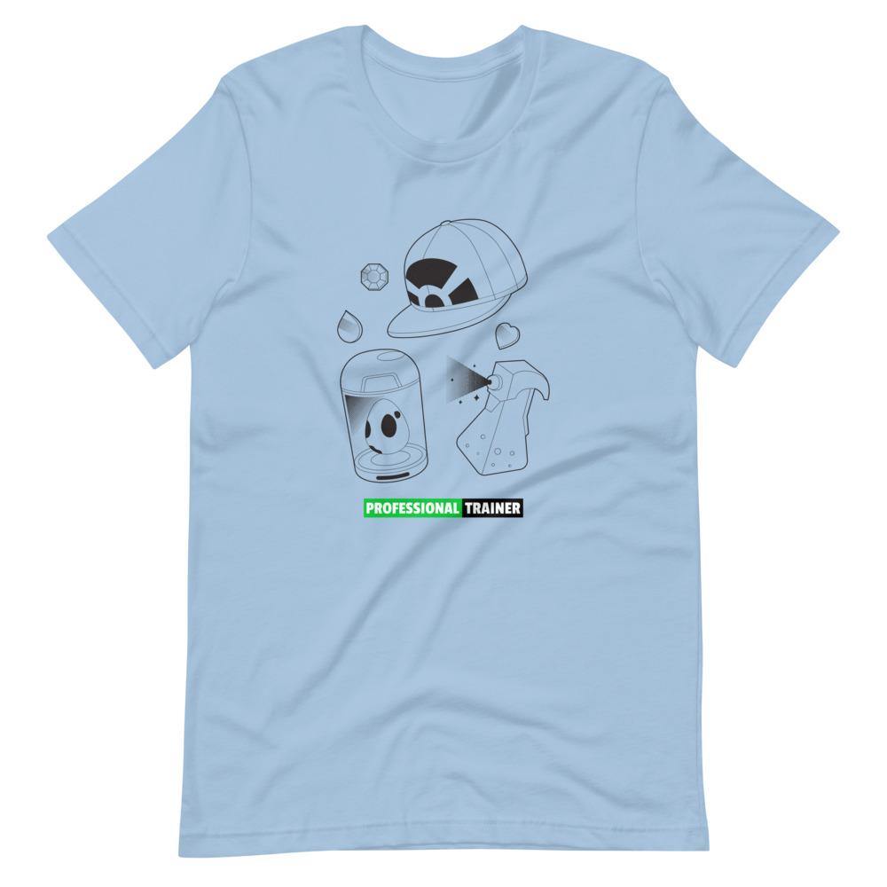 Gaming T-Shirt - Professional Trainer - Monsters Catching Items - Green - Alternative - Light Blue - Dubsnatch