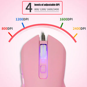 Pink Girly Mouse Wired USB Adjustable 2400 DPI Backlight