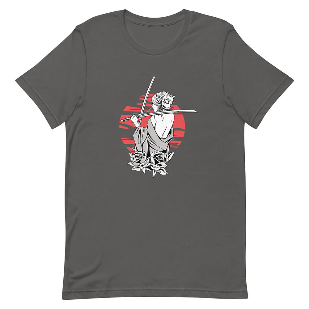 Gray Double Katana Kitsune Cartoon Woman Shirt Japanese Style