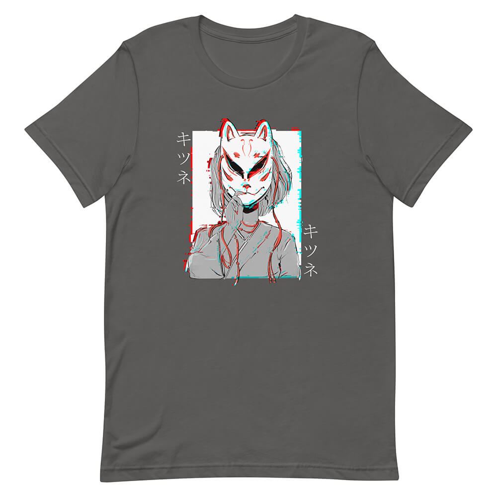 Gray Glitchy Cyber Kitsune Mask Girl Shirt Short Hair