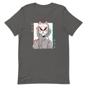 Gray Glitchy Cyber Kitsune Mask Girl Shirt Short Hair