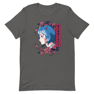 Gray  Mature Blue Hair Anime Woman Shirt Sakura Flower