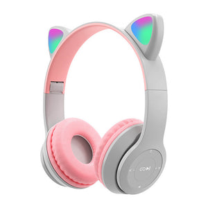 Gray Wireless Kitty Ear Headphones Mic RGB Children