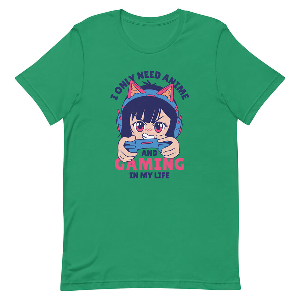 Green Blue Hair Playing Cartoonish Girl Shirt Kitty Headset