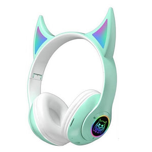 Green Bluetooth 5.0 Demon Ear Headphones Mic LED Light