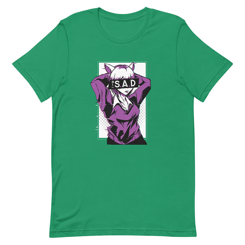Green Glitchy Sad Anime Girl Shirt Short Haircut Cat Ears
