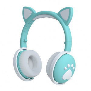 Green Kawaii Cat Ear Headphones Paw LED Wireless
