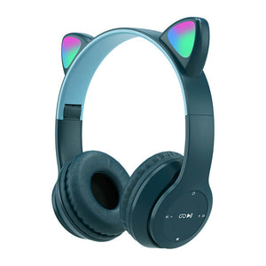 Green Wireless Kitty Ear Headphones Mic RGB Children
