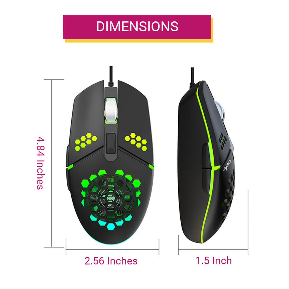 Honeycomb Mouse Fan USB LED 3200 DPI Dimensions