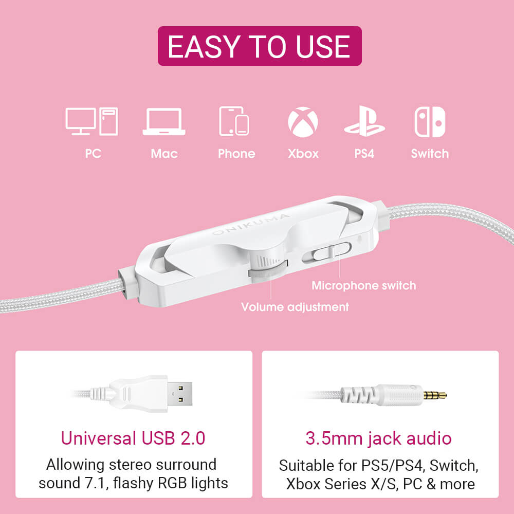 Kitty Girl Headset Microphone 3.5mm Jack LED 7.1 Easy To Use