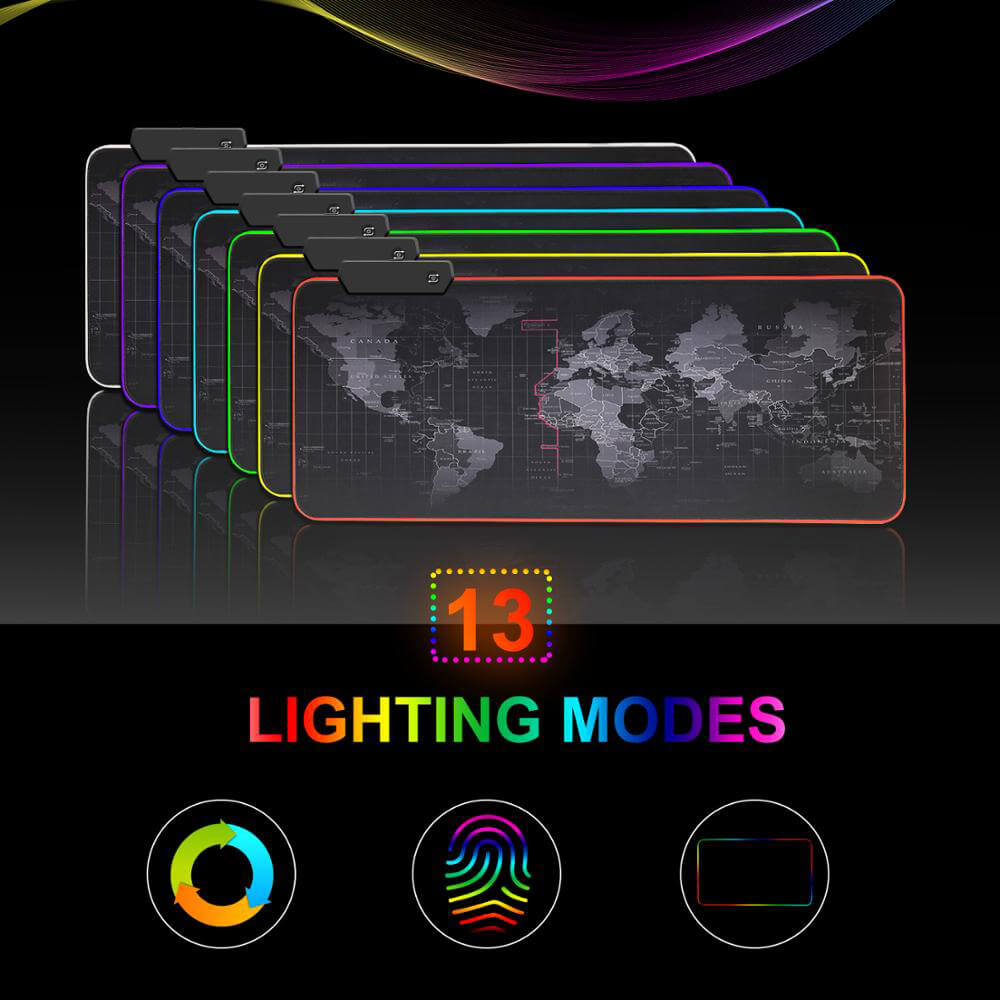 Large World Map Mouse Pad RGB Backlight Modes Waterproof