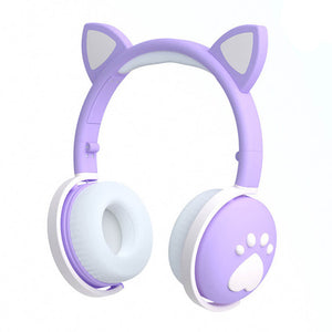 Lavender Kawaii Cat Ear Headphones Paw LED Wireless