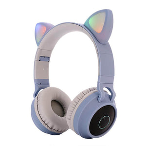 Light Blue Kawaii Cat Ear Headphones LED Wireless