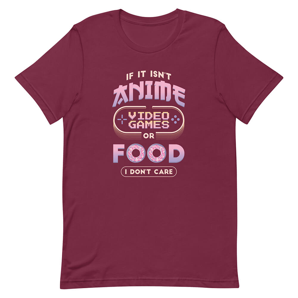 Maroon Funny Cartoonish Tee Anime Video Game Food Passion
