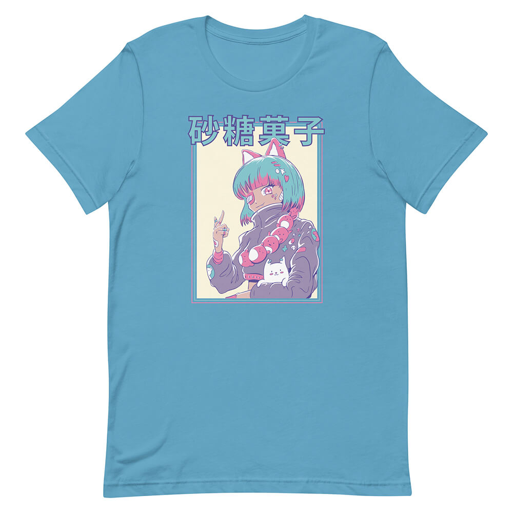 Medium Turquoise Blue Hair Anime Cat Girl Shirt Eye Patch