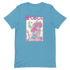 Medium Turquoise Manga Pastel Girl Cat Headphones Shirt Hand Wave