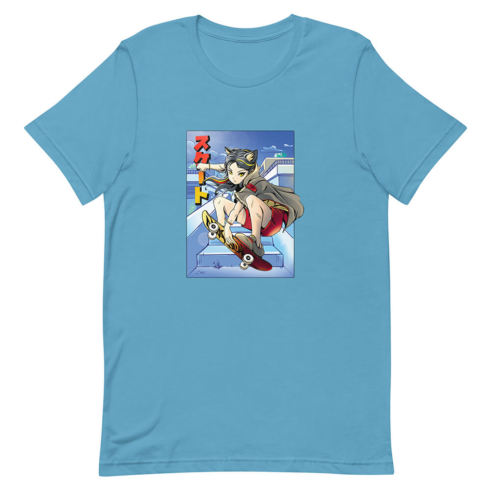 Medium Turquoise Stylish Urban Skate Cat Girl Shirt Ollie Trick