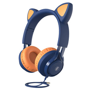 Midnight Blue Adorable Feline Ear Headphones Volume Limit Kid