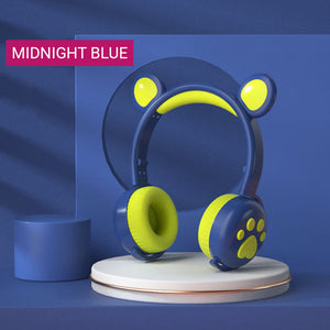Midnight Blue Cute Bear Ear Headphones Bluetooth 5.0 RGB Kids