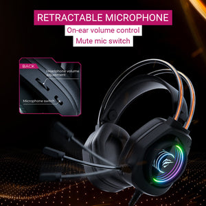 Neon RGB Black Gaming Headset Retractable Microphone 3.5mm Jack USB