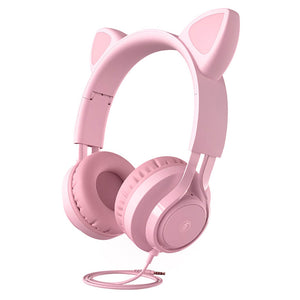 Pink Adorable Feline Ear Headphones Volume Limit Kid