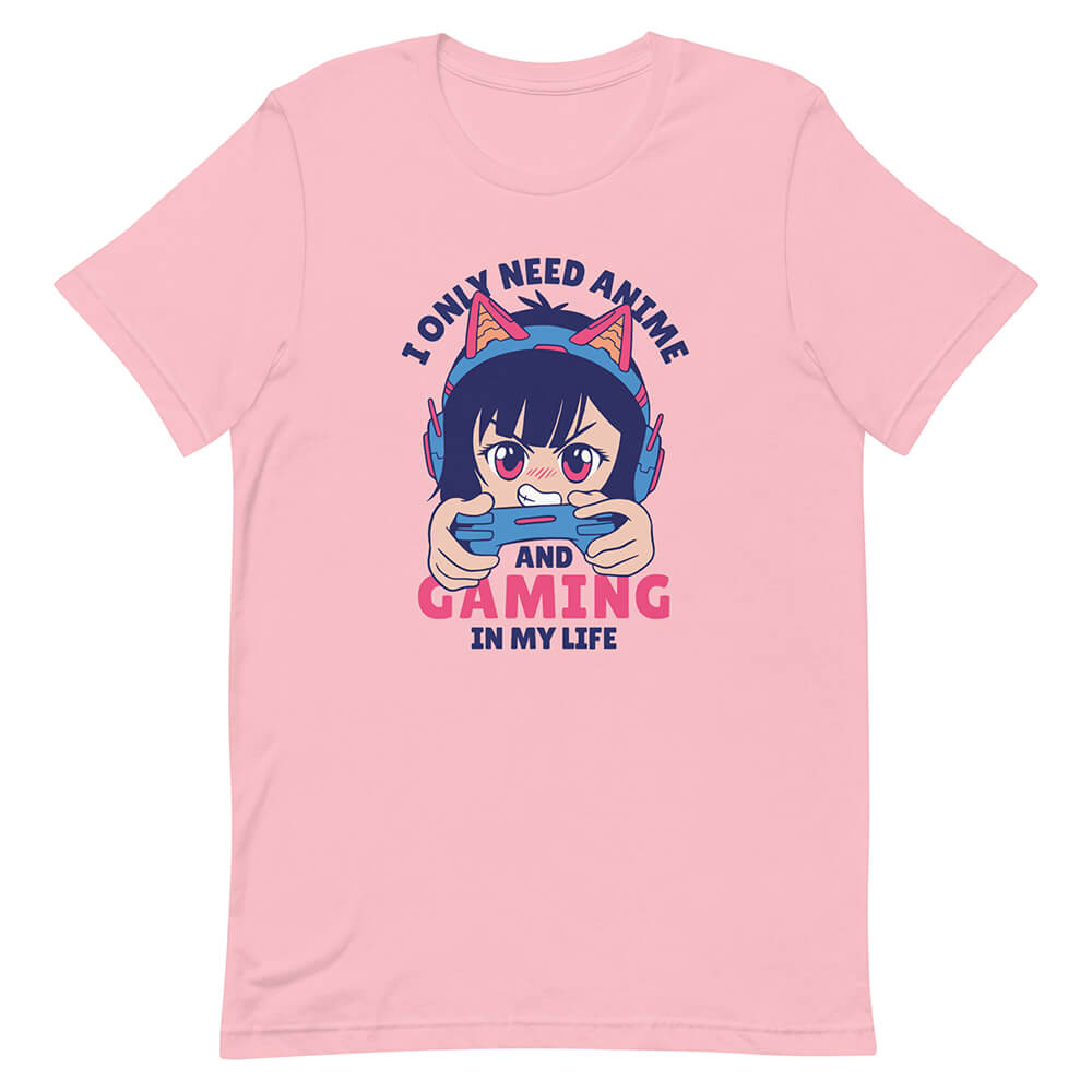 Pink Blue Hair Playing Cartoonish Girl Shirt Kitty Headset