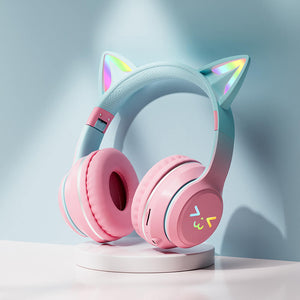 Pink Bluetooth 5.1 Gradient Kitty UwU Headphones RGB 3.5mm Jack