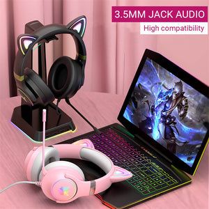 Pink Cat Ear Gaming Headset Microphone RGB 3.5mm Jack High Compatibility